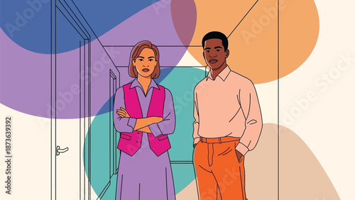 Diverse professionals standing with a serious demeanor in a modern abstract background illustration