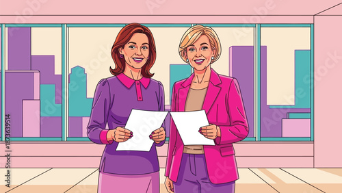 Empowered business leaders preparing for a successful presentation in a vibrant corporate setting