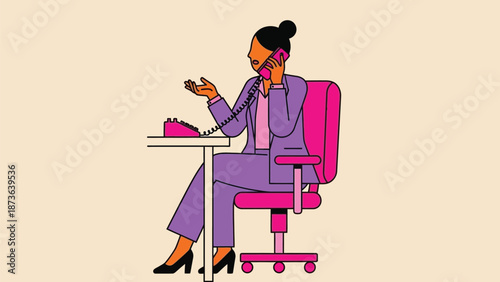 Vibrant illustration of a professional woman communicating via retro desk telephone in a modern