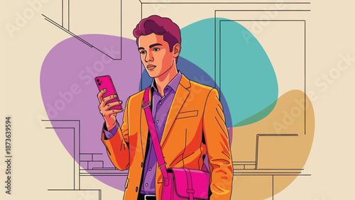 Vibrant illustration of a young person engaging with their smartphone in a dynamic modern