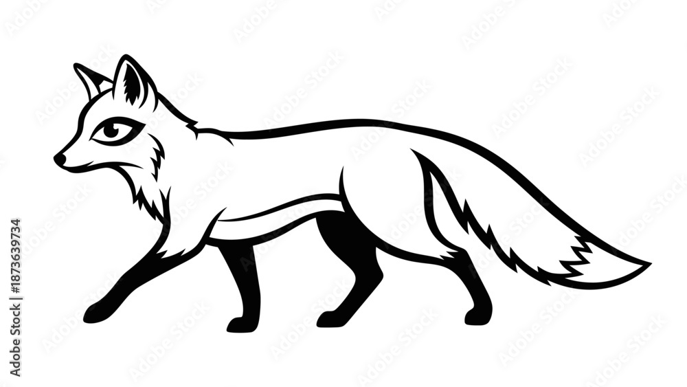 Fototapeta premium Elegant black and white illustration of a walking fox with a bushy tail character