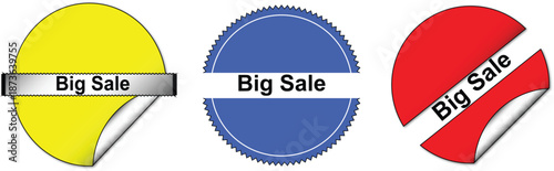 Three colorful sale stickers with big sale text yellow