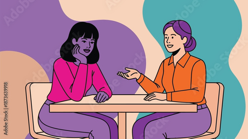 Vibrant vector illustration of two women engaged in an animated discussion at a modern table
