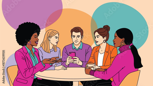Engaging conversations and digital connection among a diverse group of individuals in a vibrant,
