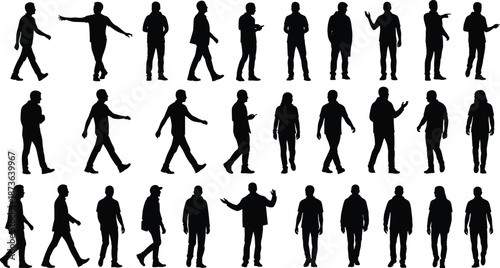 Black silhouettes of diverse business teams, happy families with children, romantic couples, and playful kids walking isolated on white background.