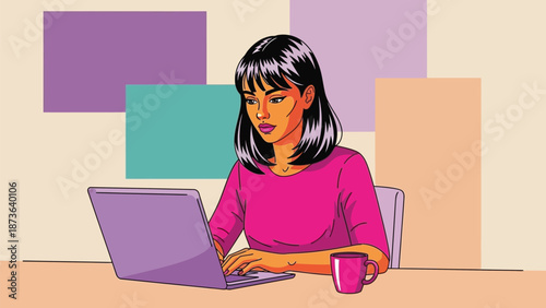 Focused young woman actively engaged in digital work on her laptop at a contemporary desk setup