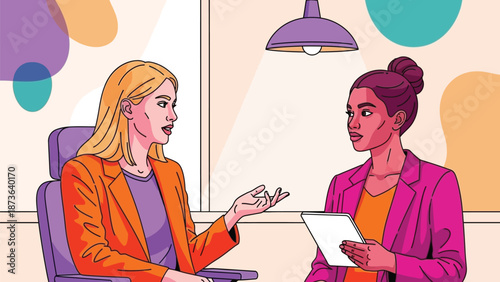 Dynamic professional women collaborate in a vibrant office setting discussing innovative