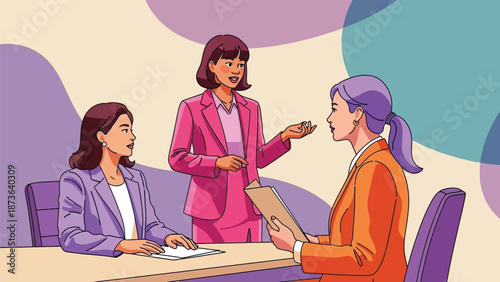 Collaborative professional discussion among diverse female executives in a modern office