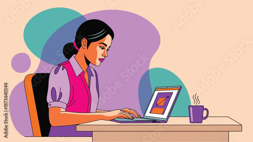 Focused professional diligently engaging with her laptop at a dynamic digital workspace with a hot