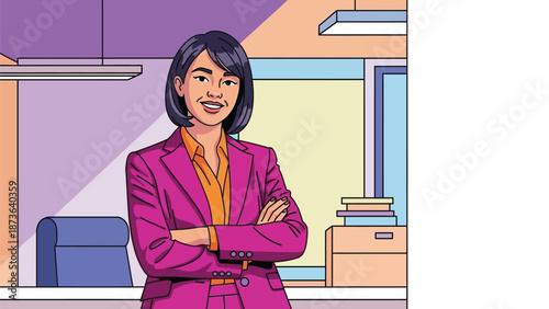 A vibrant illustration of a confident professional woman standing in a modern office environment