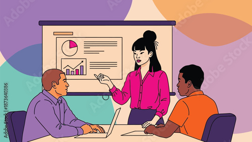 Dynamic business presentation with a female leader explaining growth insights to diverse team