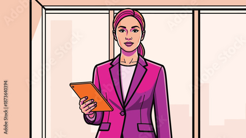 A confident business professional woman utilizing a digital tablet within a contemporary office