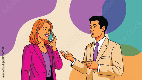 Colorful illustration of business communication: woman talking on phone, man actively discussing