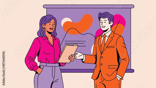 Dynamic business professionals collaborating on a data presentation with insightful visual aids