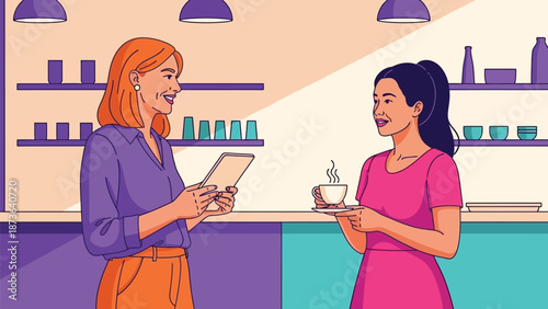 Cheerful women sharing a conversation with coffee and tablet in a bright, contemporary cafe