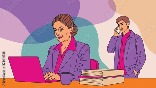 Vibrant cartoon illustration depicting modern office professionals multitasking with technology