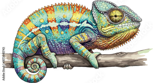 Detailed colorful chameleon vector illustration perched on a wooden branch for exotic reptile pet wildlife nature education and tropical lizard conservation concept.
