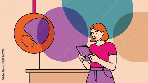 Modern woman engaging with digital content on a tablet device in a vibrant, artistic background