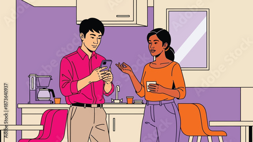 Digital distraction in a vibrant home setting, a man absorbed by his phone while a woman engages