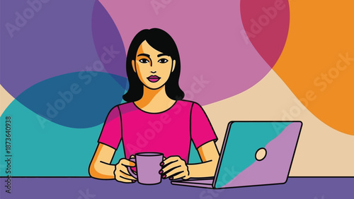 Vibrant digital worker focused on laptop tasks with a warm beverage in a dynamic workspace