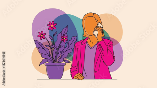 Modern professional connecting via mobile device in a vibrant and stylized office setting with an