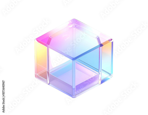 Isometric translucent cube with an open center and rainbow gradients