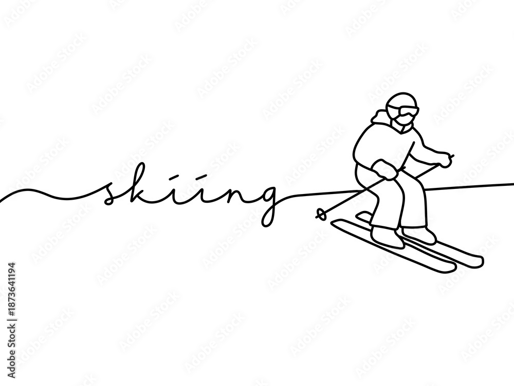 Fototapeta premium Minimalist one-line drawing of a skier in motion with text
