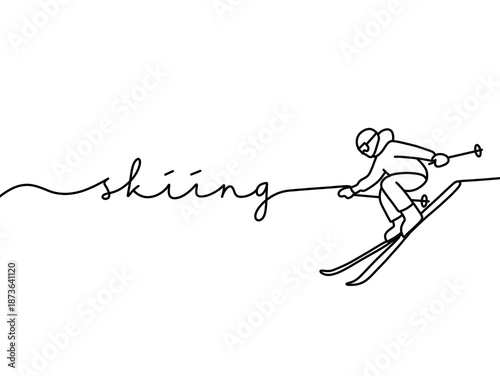 Minimalist line art of skier with word skiing in motion