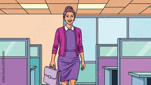 A confident professional woman with a briefcase walking cheerfully through a vibrant open-plan