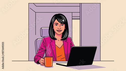 Professional woman diligently working on her laptop with a warm beverage at a modern desk setup