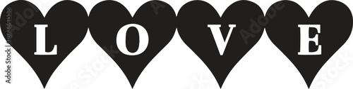 Love word spelled with heart shapes in black and white design. Minimal romantic typography banner isolated on white background. Perfect for Valentine’s Day, wedding decorations, and love themed .