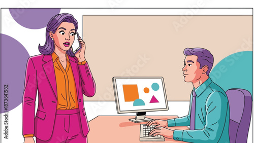 Engaged office professionals managing tasks simultaneously in a colorful, modern business