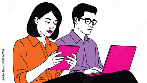 Modern professionals engaged in focused digital tasks leveraging contemporary technology for