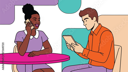 Two diverse individuals engaged with personal digital devices in a stylized modern setting,