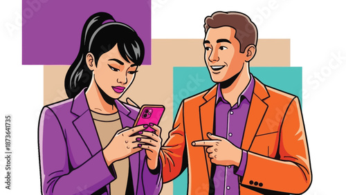 Modern individuals engaged in digital communication, sharing information via smartphone