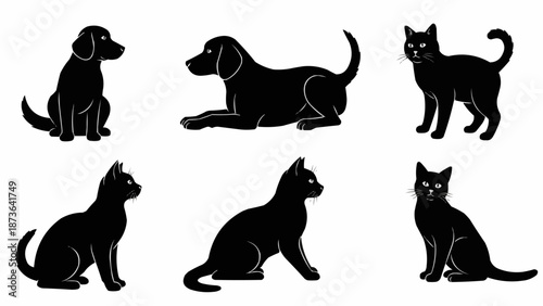 Collection of Black Silhouettes of Dogs and Cats in Various Poses.