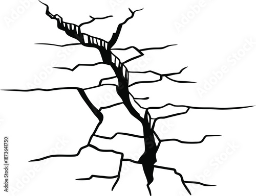 Black cracked ground texture isolated on white background. Sharp broken earth fissure pattern showing damage and fracture detail. Ideal for disaster concepts, destruction themes, and grunge design 