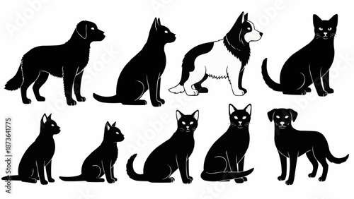 Collection of Black Silhouettes of Dogs and Cats Posed.