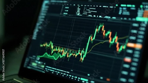 Stock market graph on laptop screen, financial trading data analysis, economic growth chart
