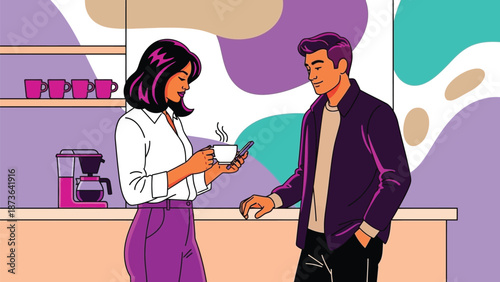 Modern office colleagues engaging in a digital coffee break conversation with vibrant aesthetics