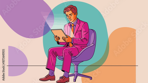 Vibrant illustration of a focused professional engaging with digital content on a tablet in a