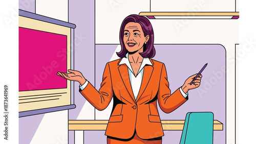 Experienced woman presenter engaging audience in a bright modern office setting for effective