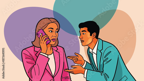 Engaged business professionals navigating a conversation while one handles a simultaneous phone call
