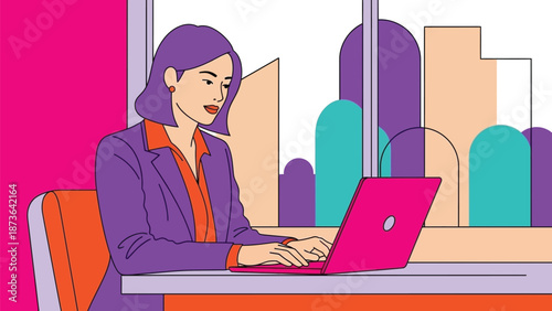 Focused businesswoman typing on a vivid pink laptop amidst a stylized city backdrop