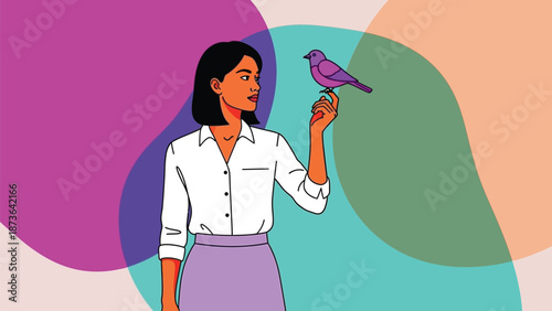Vibrant minimalist illustration of a thoughtful woman holding a purple bird gracefully
