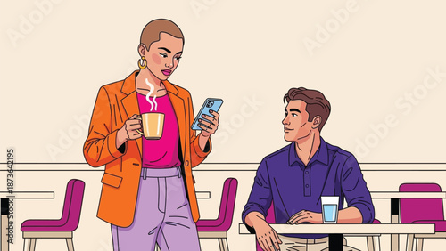 Stylish colleagues in a contemporary setting taking a short coffee pause and using phone