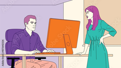 Professional colleagues engaging in a focused office interaction while reviewing digital content