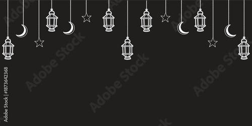 Elegant Ramadan lanterns hang on a dark background. Islamic crescent moon and star ornaments create a festive night mood. Minimal black banner ideal for Eid, Ramadan, and spiritual themes. 