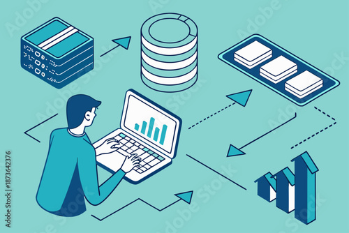 Integrated data warehouse system for business analytics, businessman leveraging business intelligence dashboards on a laptop computer.