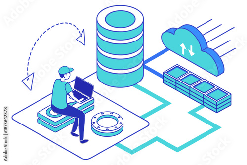 Business data warehouse illustration with centralized database, analytics charts, and businessman analyzing insights on laptop.